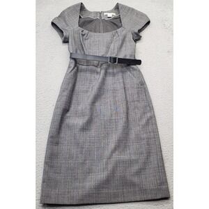 Banana Republic Sheath Dress Womens Petite 2 Gray Belted Stretch Vented Back Zip
